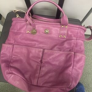 LEVENGER Purple Canvas Brown Leather Medium Pocket Tote Bag Purse